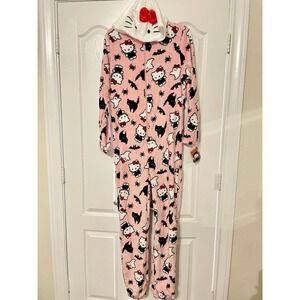 Hello Kitty Womens Union Suit One Piece Pajamas Pants HALLOWEEN Sz M Bats Cats